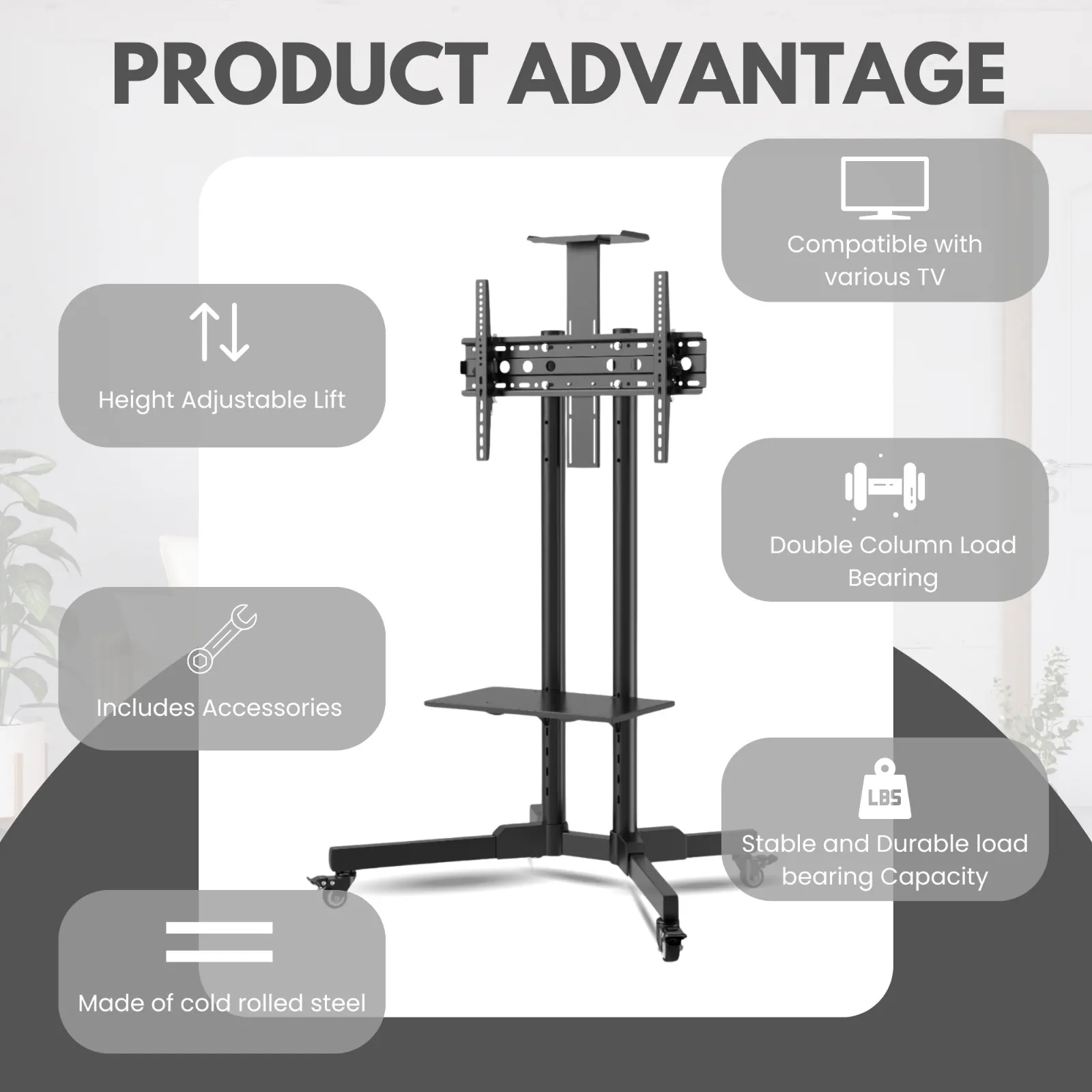 TV Trolly Stand Cart for 32–65 Inch LED/LCD TVs | Height Adjustable | Lockable Wheels | 50kg Load view 4